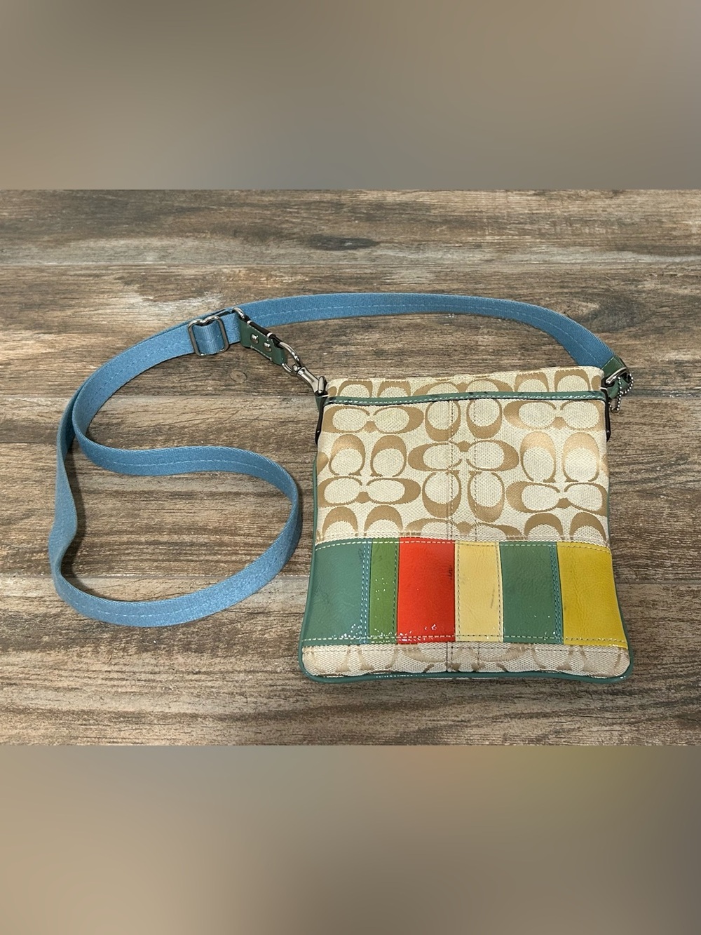 Coach Beige Signature Crossbody with Multicolor Leather Panels and Blue Strap - Picture 1 of 13